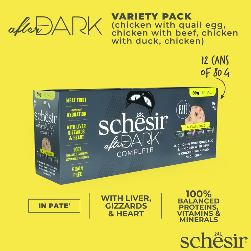 Schesir Cat Food After Dark In Pate' Variety Pack 960g (80g x12 Cans) - 4 Flavors ( 3 Cans Each Flavor)