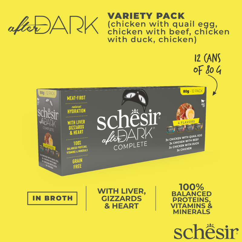 Schesir Cat Food After Dark Wholefood In Broth Variety Pack 960g (80g x12 Cans) - 4 Flavors (3 Cans Each Flavor)