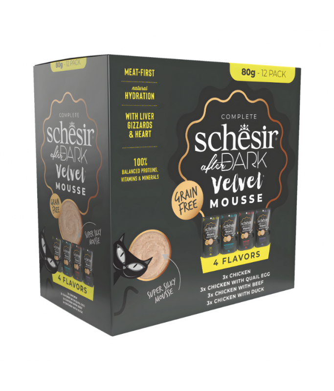 Schesir Cat Food After Dark Velvet Mousse In Broth Variety Pack  960g (80g x12 Pouch) - 4 Flavors ( 3 Pouch Each Flavor)