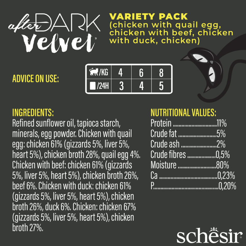 Schesir Cat Food After Dark Velvet Mousse In Broth Variety Pack  960g (80g x12 Pouch) - 4 Flavors ( 3 Pouch Each Flavor)