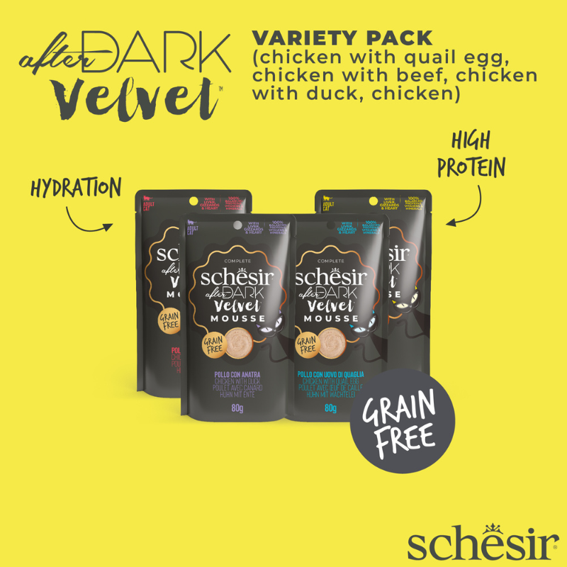 Schesir Cat Food After Dark Velvet Mousse In Broth Variety Pack  960g (80g x12 Pouch) - 4 Flavors ( 3 Pouch Each Flavor)