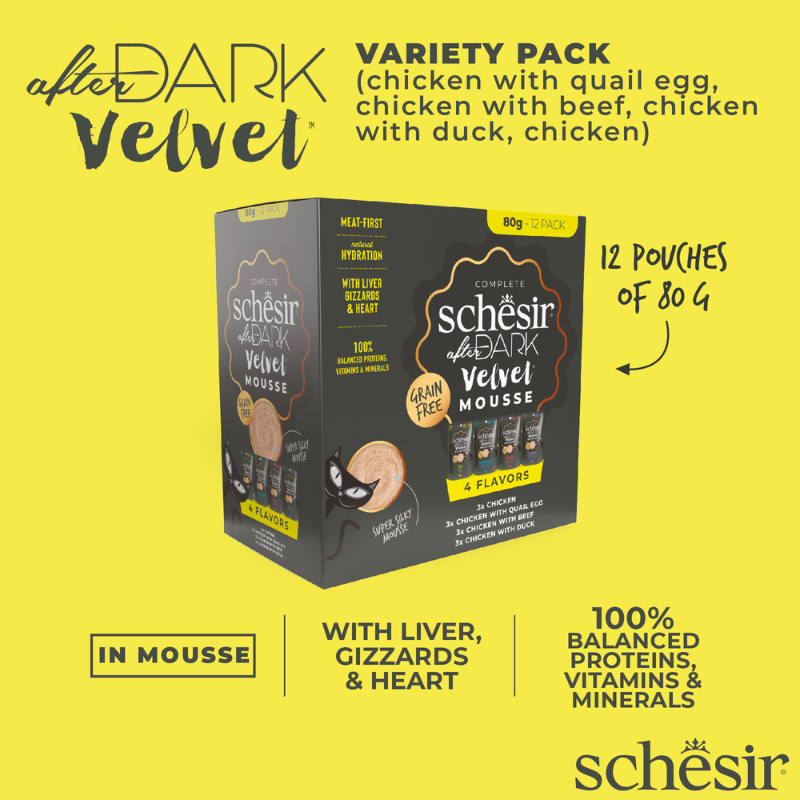 Schesir Cat Food After Dark Velvet Mousse In Broth Variety Pack  960g (80g x12 Pouch) - 4 Flavors ( 3 Pouch Each Flavor)
