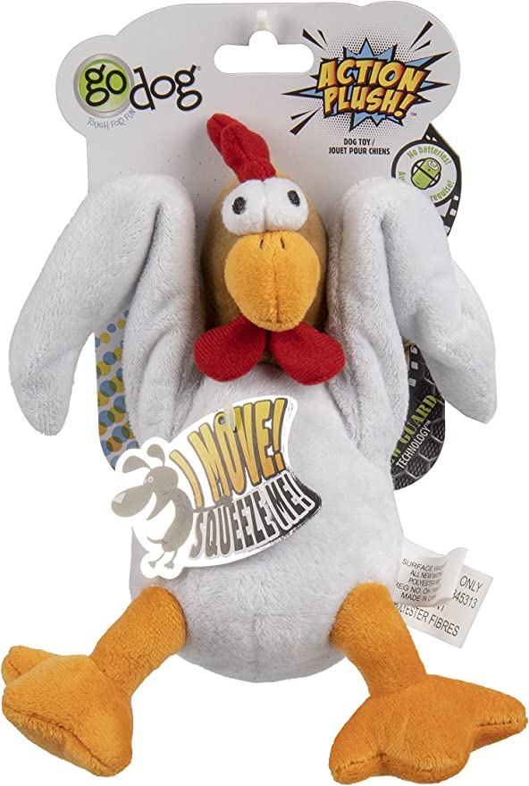 GoDog Action Plush Chicken With Chew Guard Technology Animated Squeaker Dog Toy